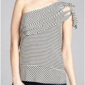 BCBG Max Azria one shoulder 100%Silk Top size M. Lined. EUC Black white striped